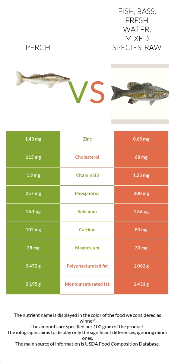 Perch vs Fish, bass, fresh water, mixed species, raw infographic