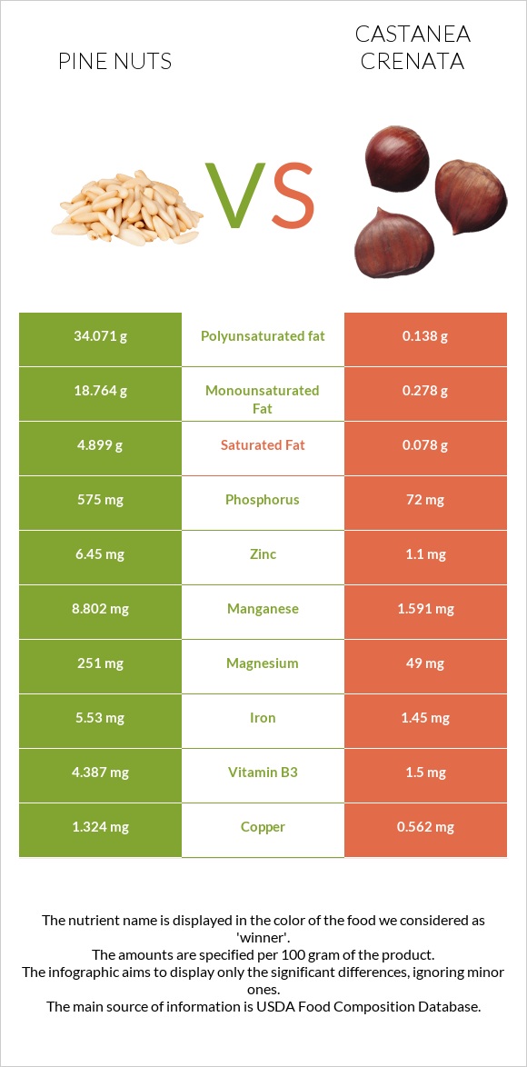 Pine nuts vs Castanea crenata infographic
