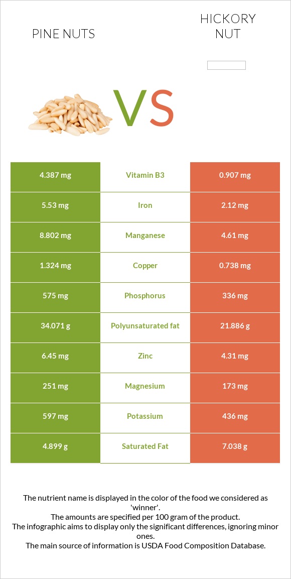Pine nuts vs Hickorynuts infographic