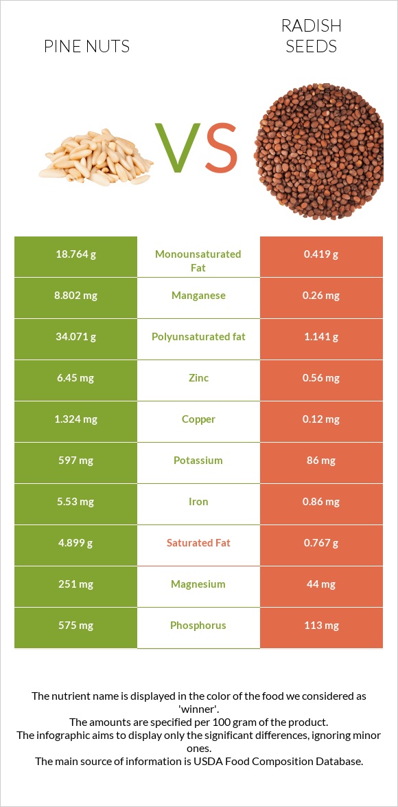 Pine nuts vs Radish seeds infographic