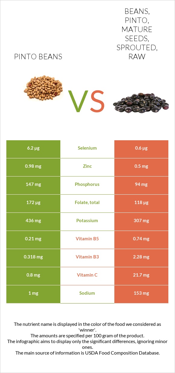 Pinto beans vs Beans, pinto, mature seeds, sprouted, raw infographic