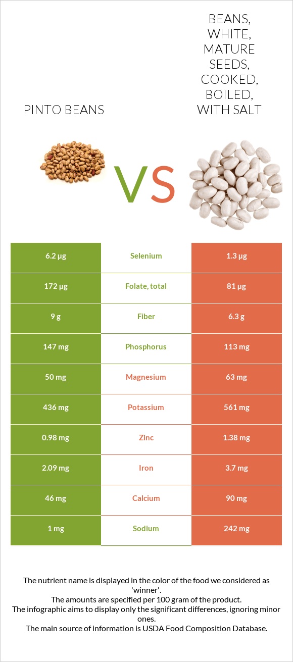 Pinto beans vs Beans, white, mature seeds, cooked, boiled, with salt infographic