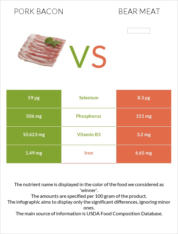 Խոզի բեկոն vs Bear meat infographic