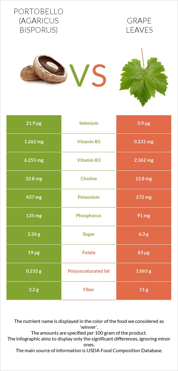 Portobello vs Grape leaves infographic
