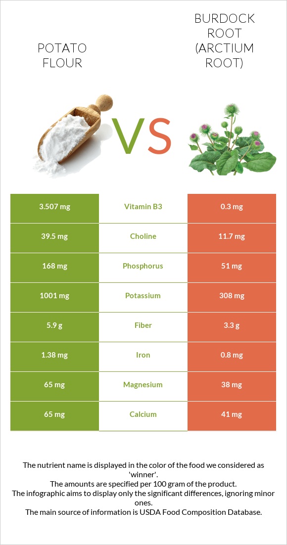 Potato flour vs Կռատուկի արմատ (արկտի արմատ) infographic