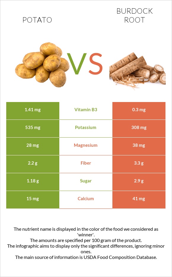 Կարտոֆիլ vs Կռատուկի արմատ (արկտի արմատ) infographic