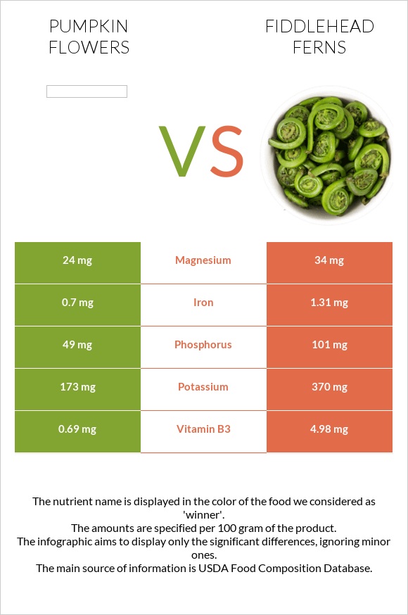 Pumpkin flowers vs Fiddlehead ferns infographic