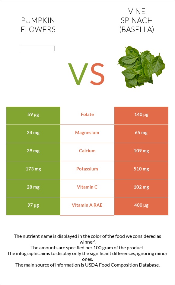 Pumpkin flowers vs Vine spinach (basella) infographic
