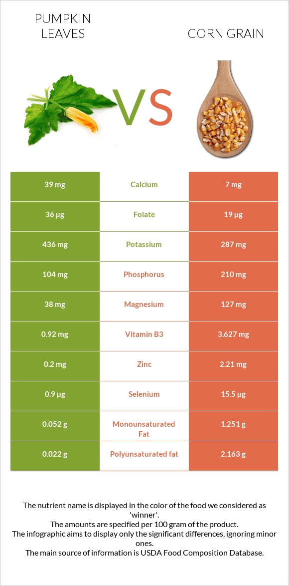 Pumpkin leaves vs Corn grain infographic