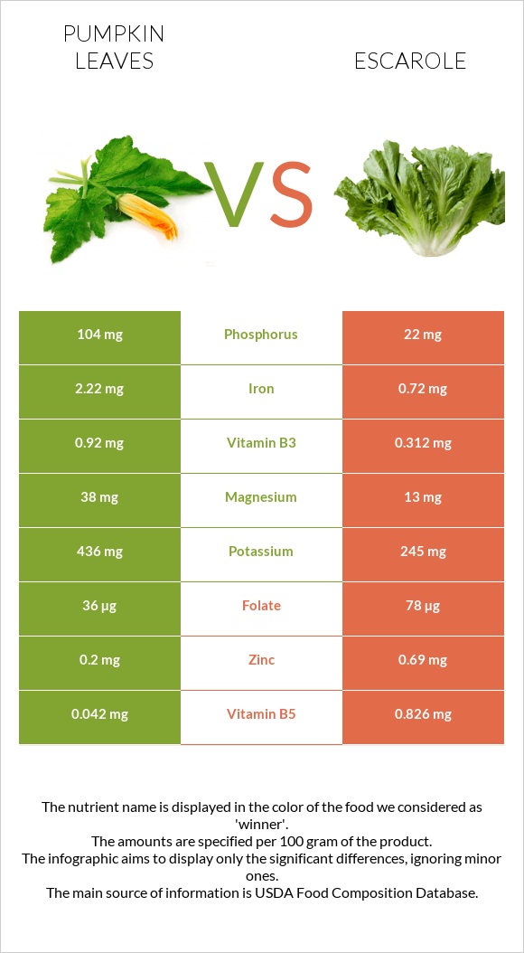 Pumpkin leaves vs Escarole infographic