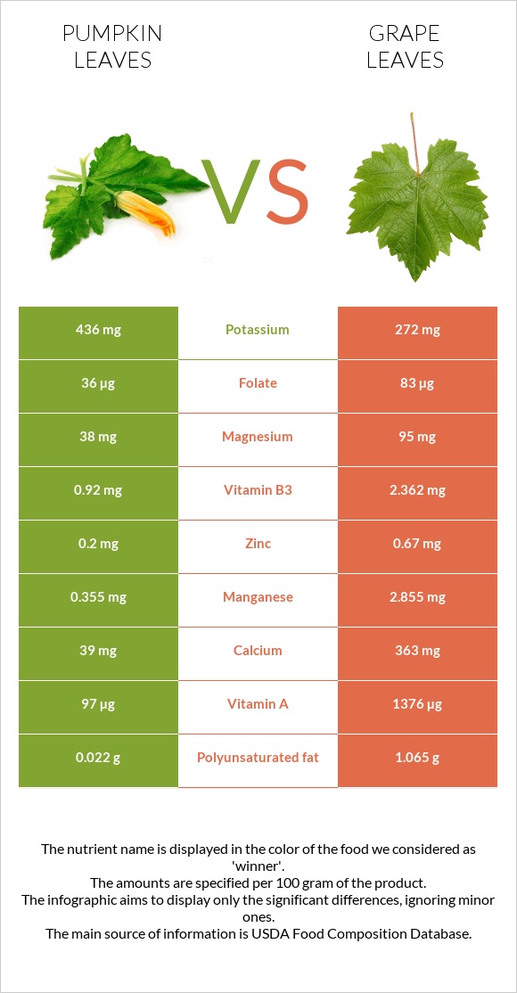 Pumpkin leaves vs Grape leaves infographic