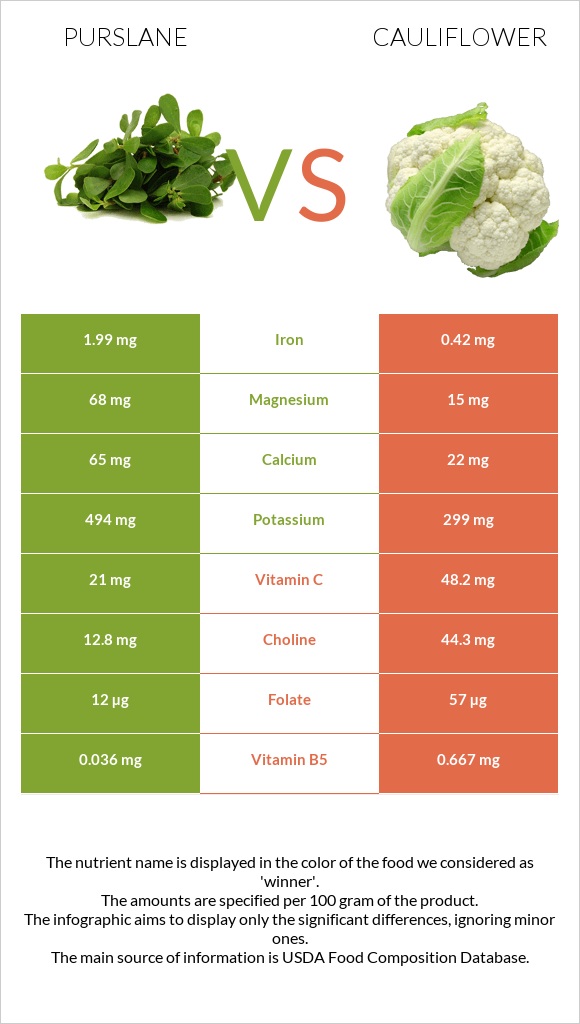 Purslane vs Cauliflower infographic