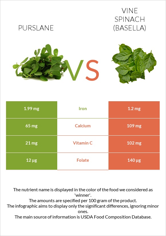 Purslane vs Vine spinach (basella) infographic