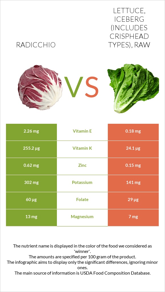 Radicchio vs Lettuce, iceberg (includes crisphead types), raw infographic