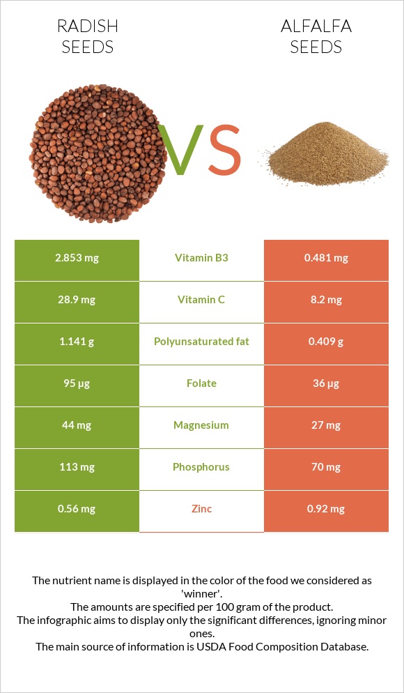 Radish seeds vs Առվույտի սերմեր infographic