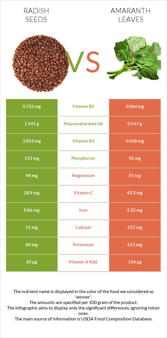 Radish seeds vs Amaranth leaves infographic