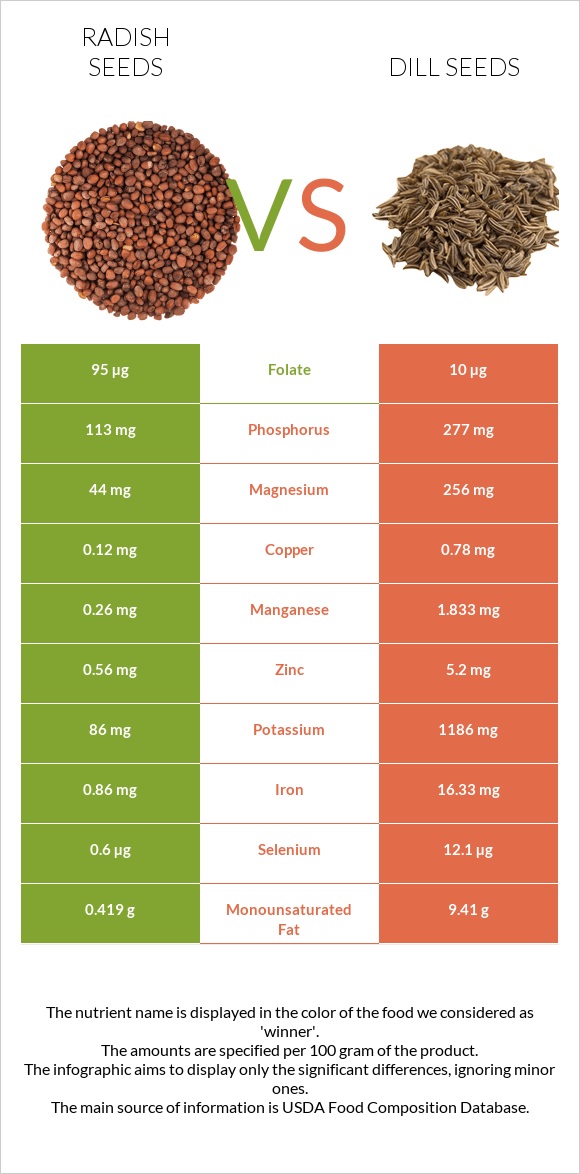 Radish seeds vs Dill seeds infographic