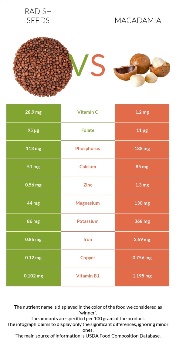 Radish seeds vs Մակադամիա infographic