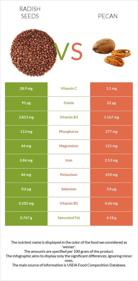 Radish seeds vs Կարիա պեկան infographic