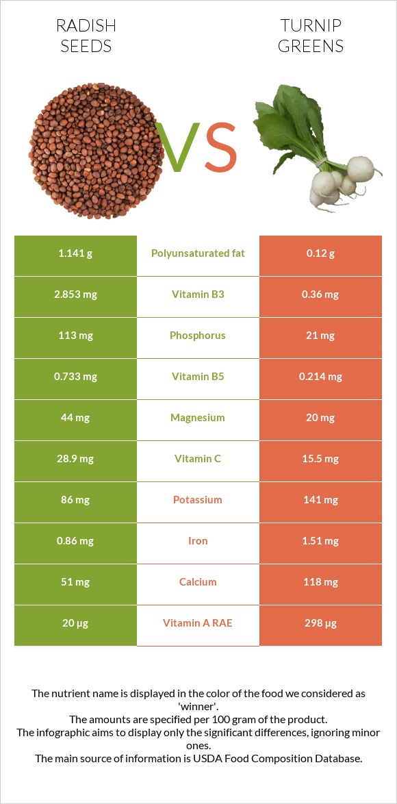 Radish seeds vs Turnip greens infographic