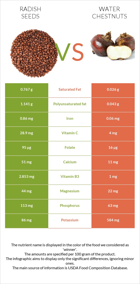 Radish seeds vs Water chestnuts infographic