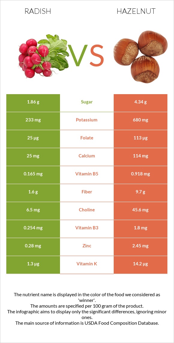 Radish vs Hazelnut infographic