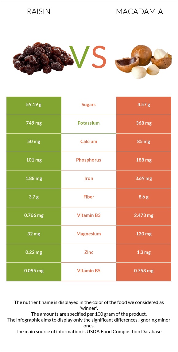 Raisin vs Macadamia infographic