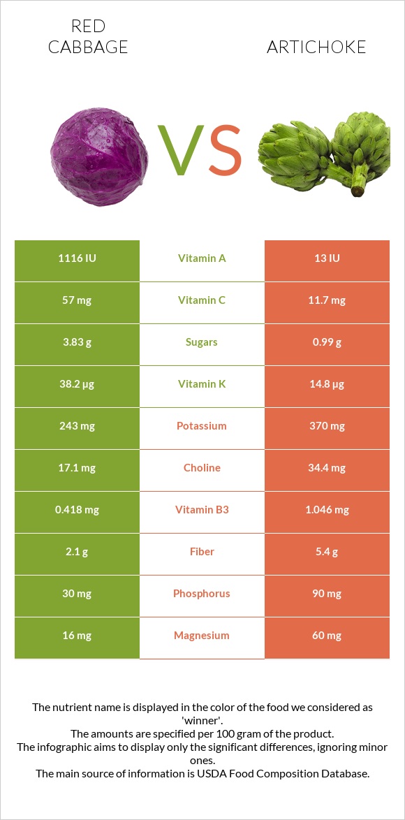 Red cabbage vs Artichoke infographic