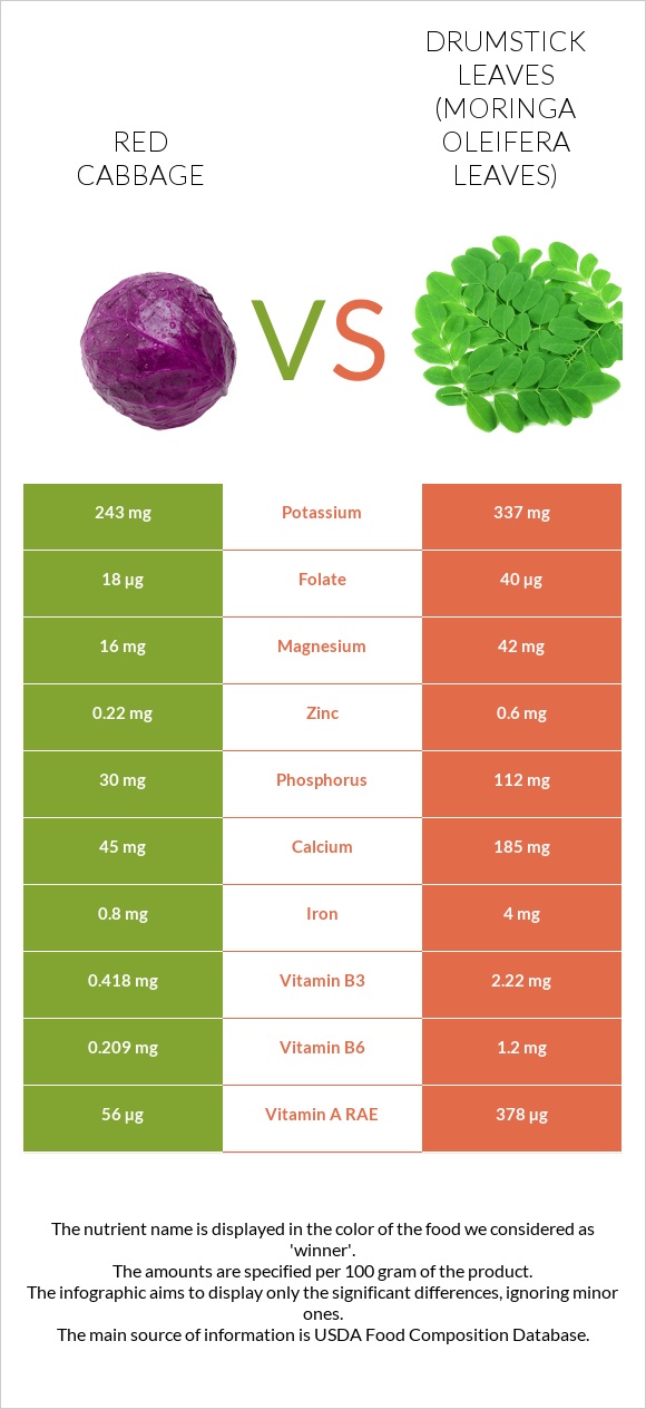 Red cabbage vs Drumstick leaves infographic