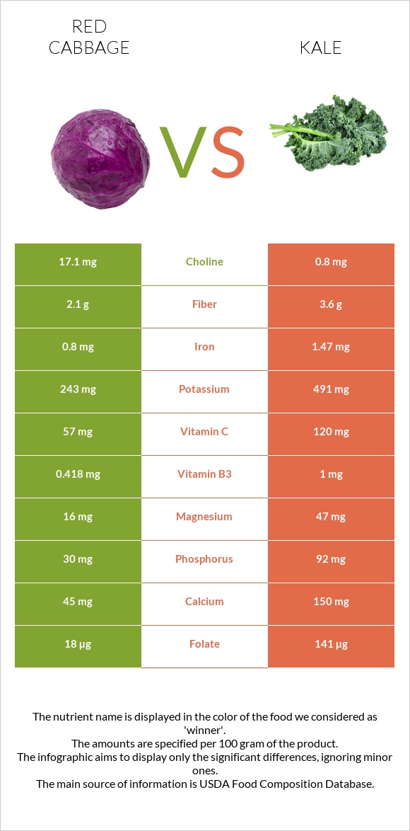 Կարմիր կաղամբ vs Kale infographic
