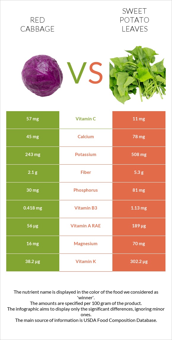 Կարմիր կաղամբ vs Sweet potato leaves infographic