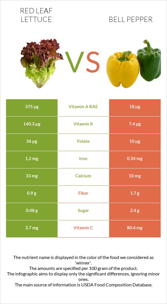 Red leaf lettuce vs Bell pepper infographic