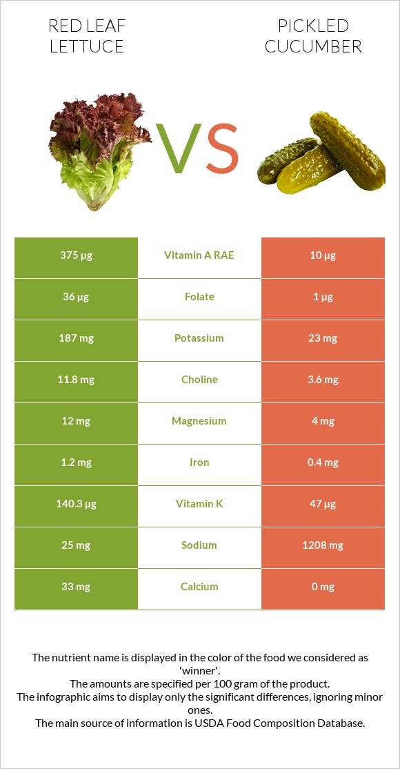 Red leaf lettuce vs Pickled cucumber infographic