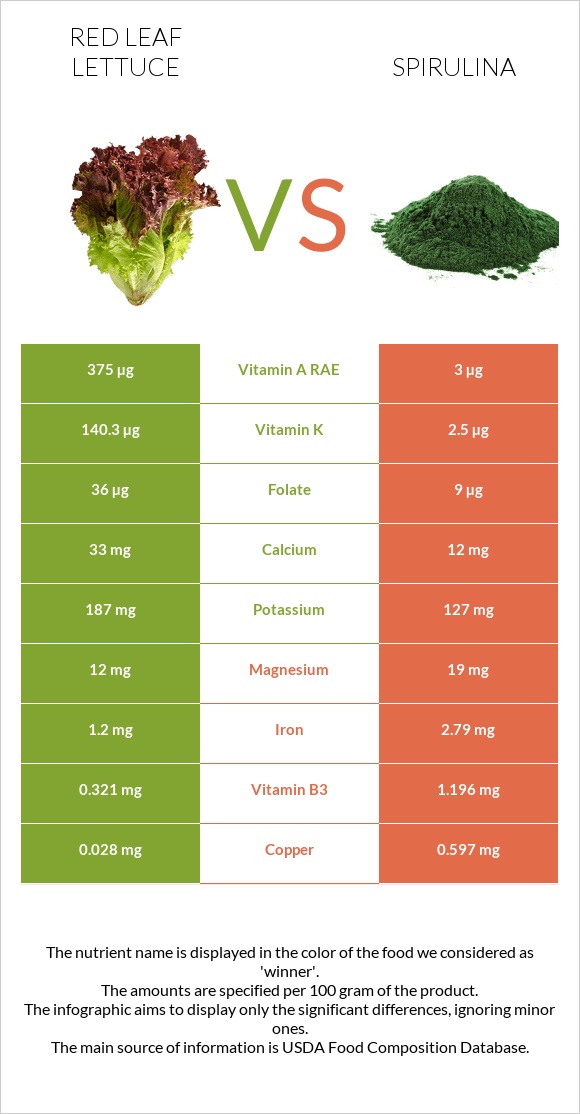 Red leaf lettuce vs Spirulina infographic
