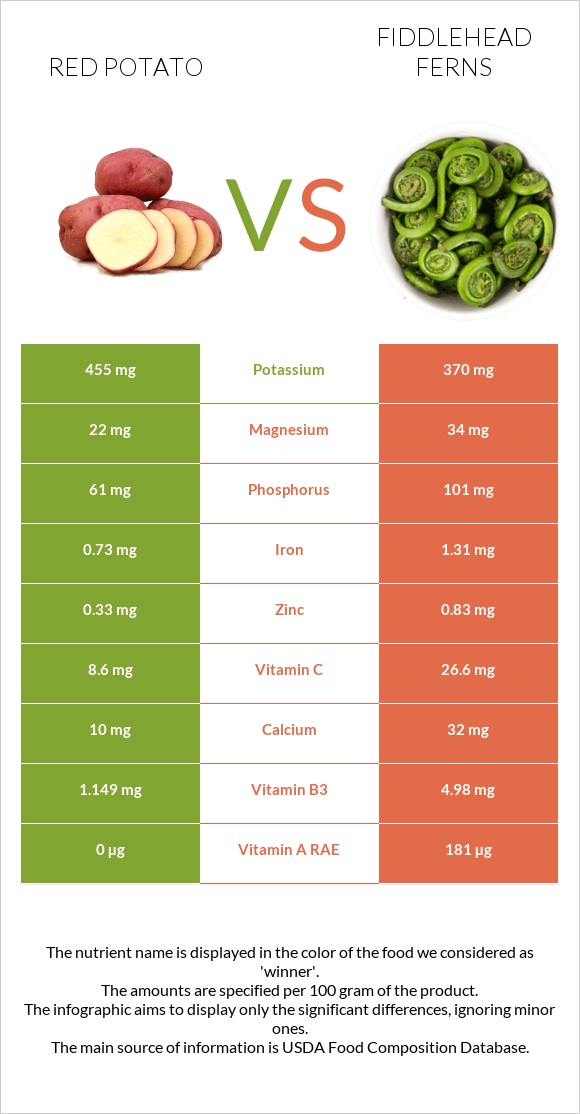Red potato vs Fiddlehead ferns infographic