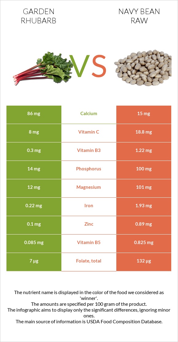 Garden rhubarb vs Navy bean raw infographic