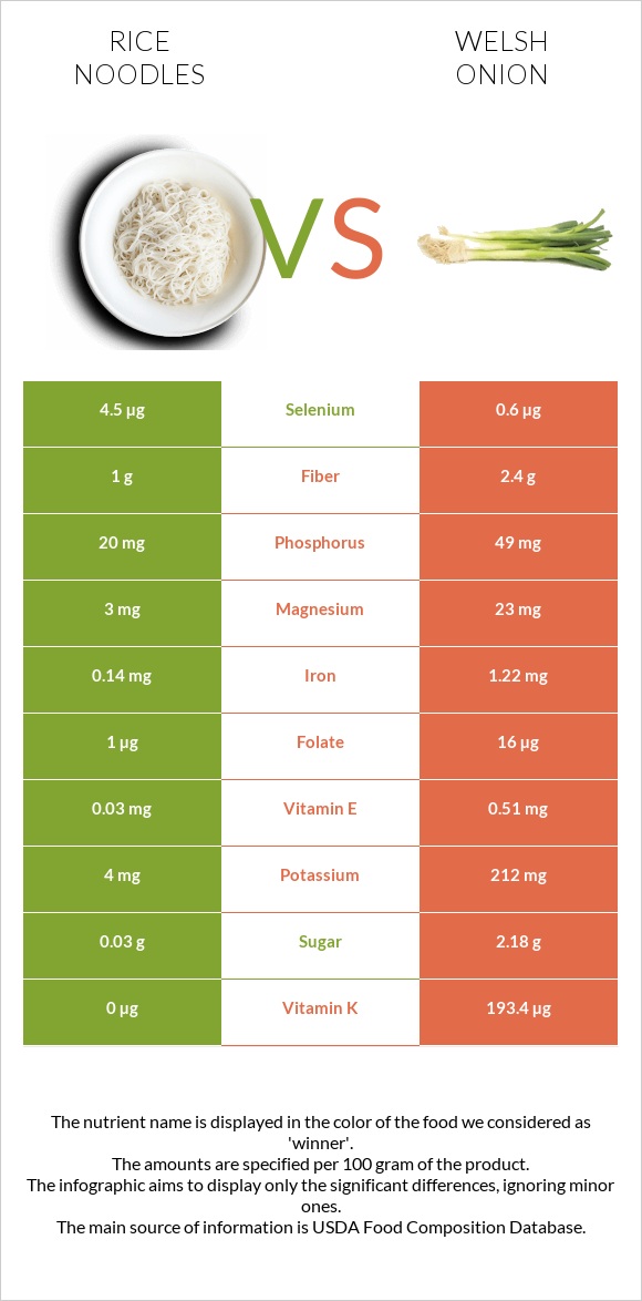 Rice noodles vs Welsh onion infographic