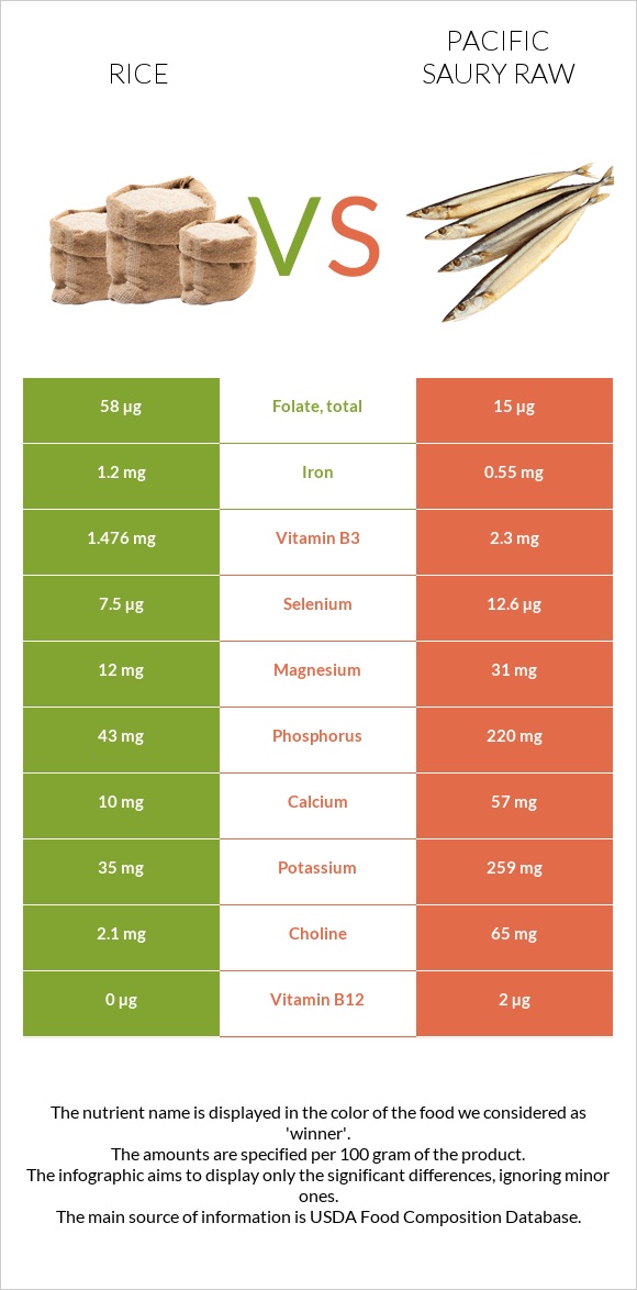 Rice vs Pacific saury raw infographic