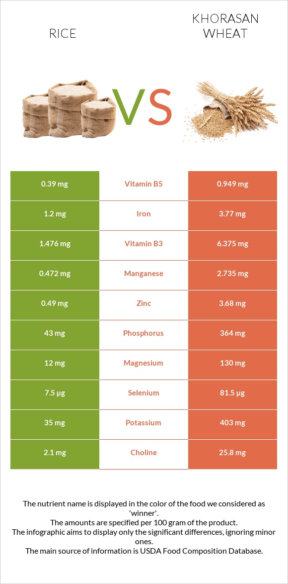 Բրինձ vs Խորասան ցորենի infographic