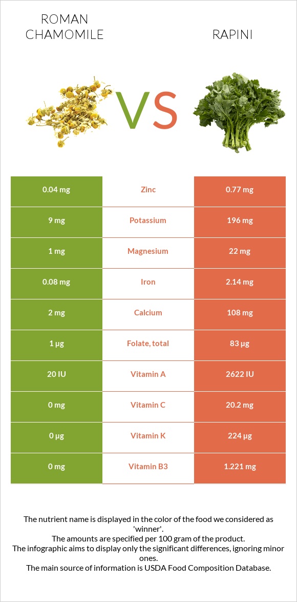 Roman chamomile vs Rapini infographic