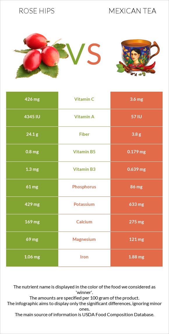 Rose hips vs Mexican tea infographic