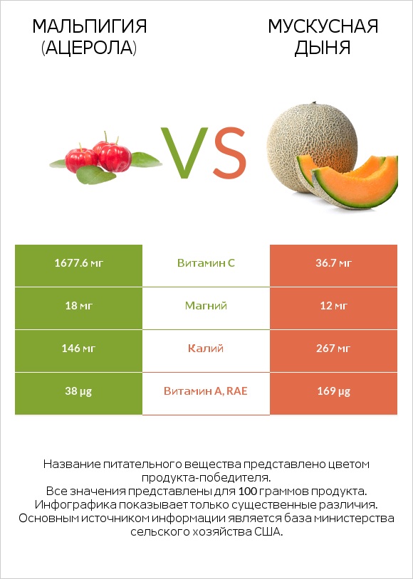 Мальпигия (ацерола) vs Мускусная дыня infographic