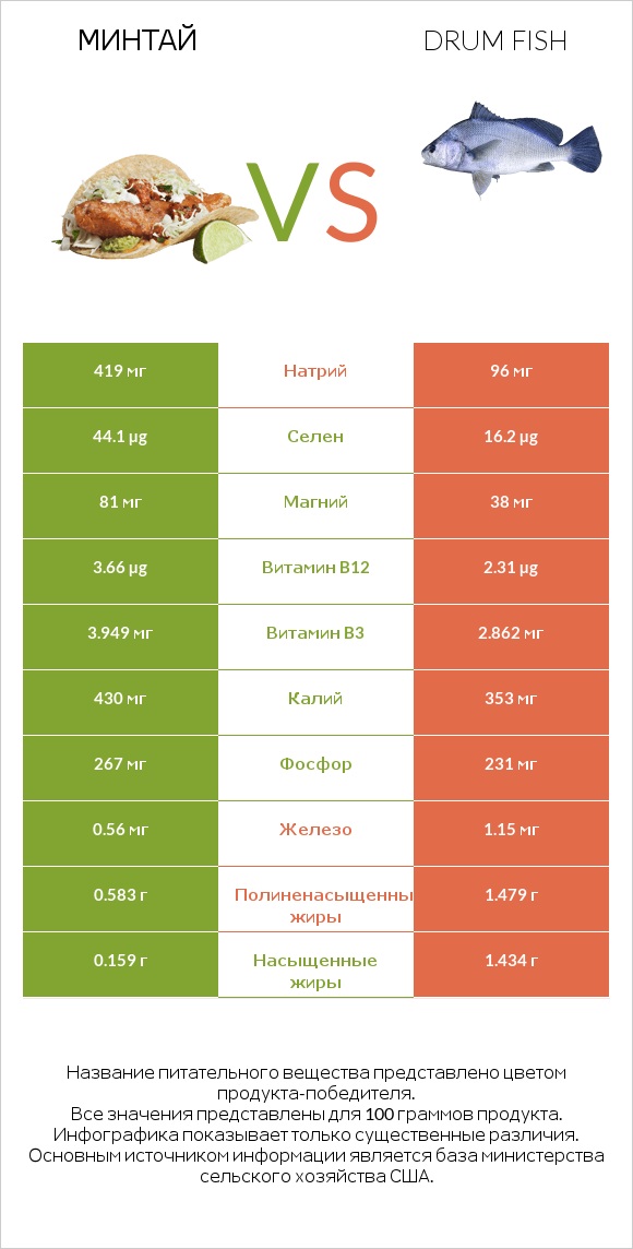 Минтай vs Drum fish infographic