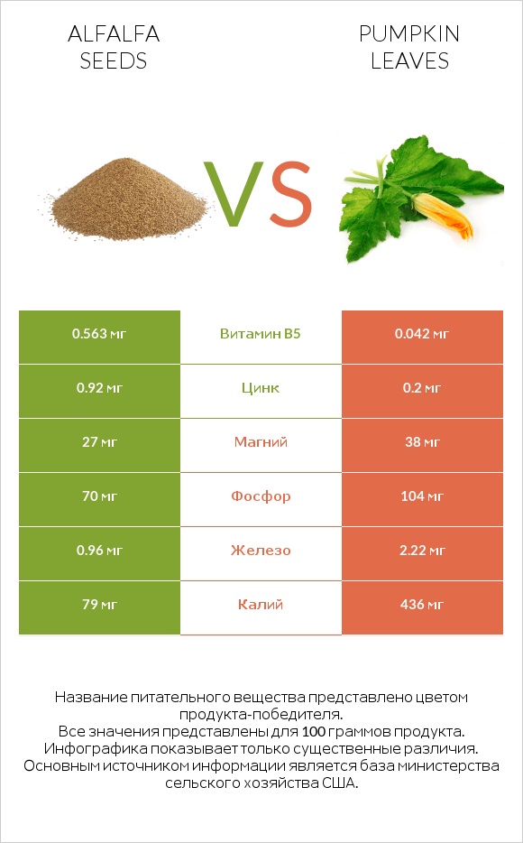 Alfalfa seeds vs Pumpkin leaves infographic