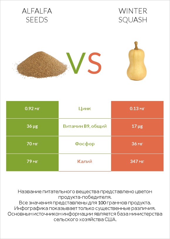 Alfalfa seeds vs Winter squash infographic