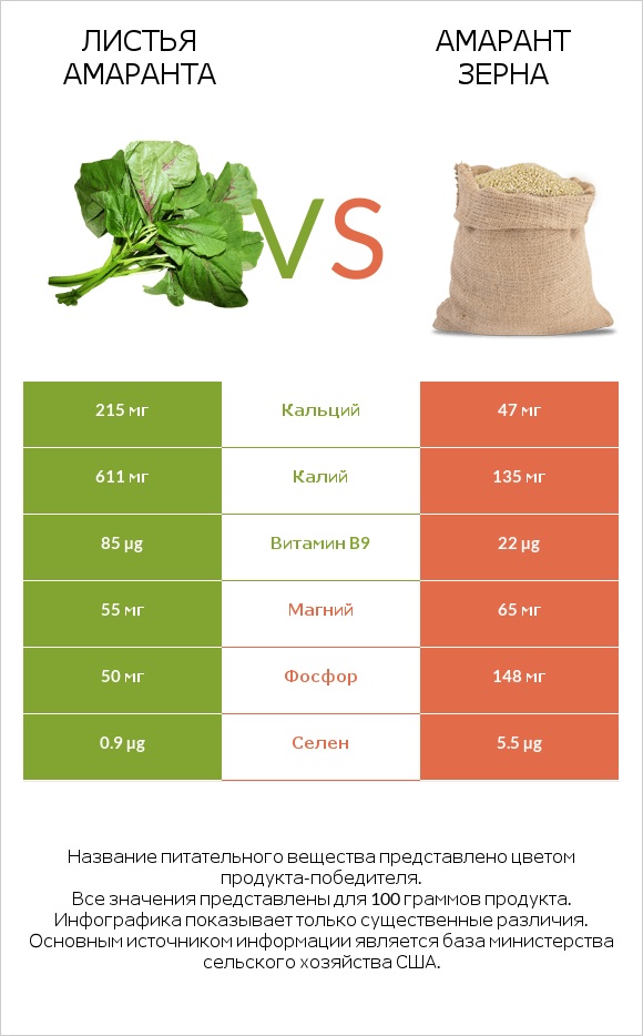 Листья амаранта vs Амарант зерна infographic