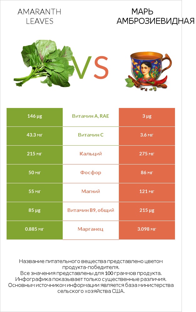 Amaranth leaves vs Марь амброзиевидная infographic