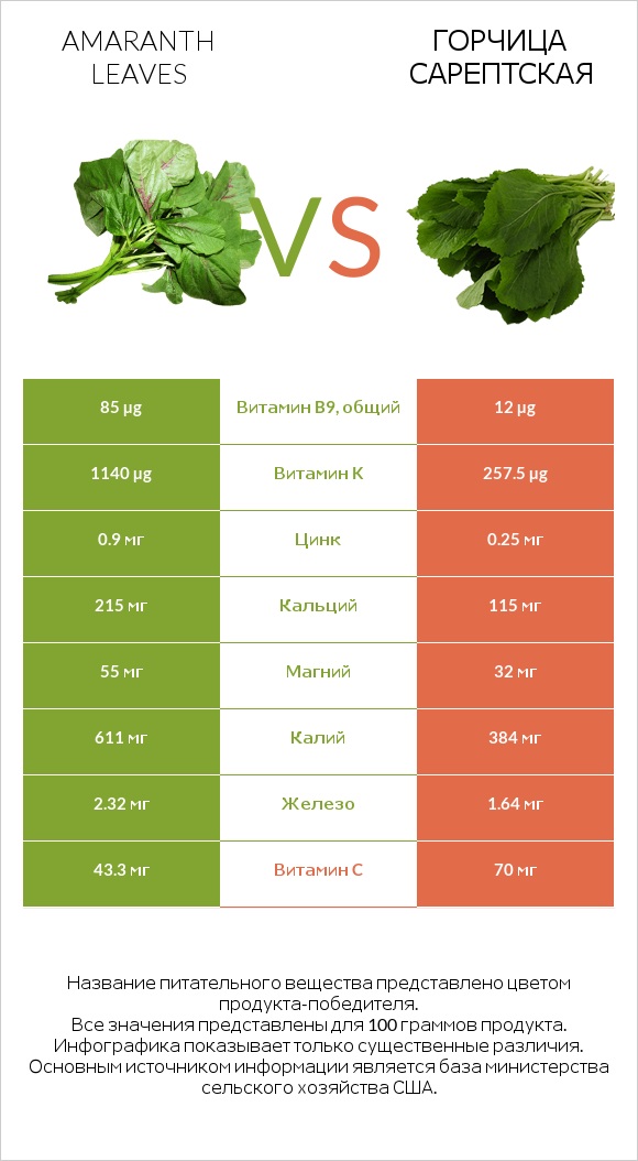 Amaranth leaves vs Горчица сарептская infographic