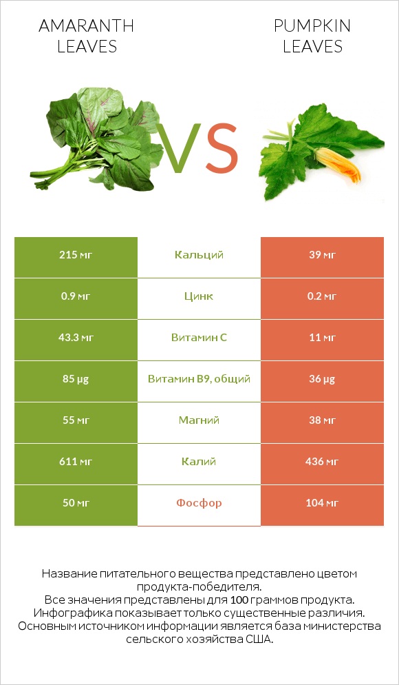 Amaranth leaves vs Pumpkin leaves infographic