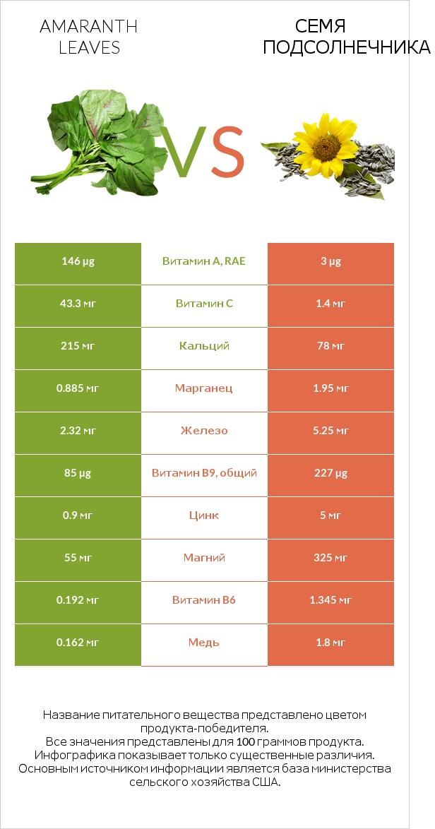 Листья амаранта vs Семя подсолнечника infographic